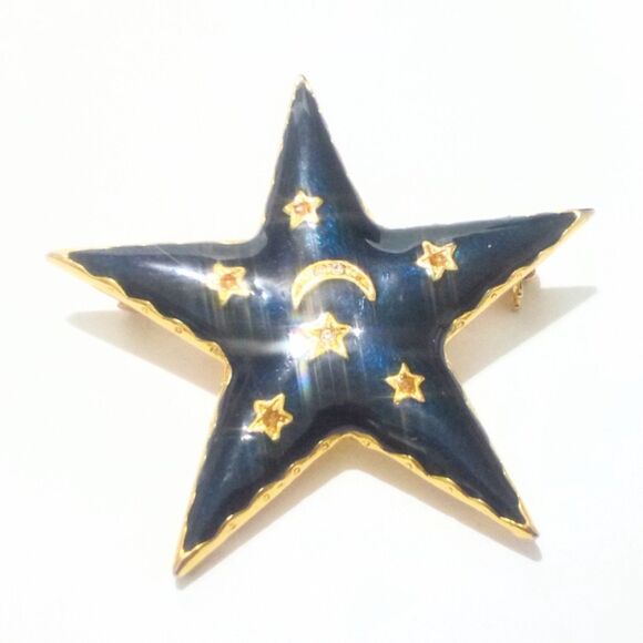Vintage Navy Blue Enamel Celestial Star Brooch Gold Tone Moon & Stars Night Sky - Picture 2 of 6